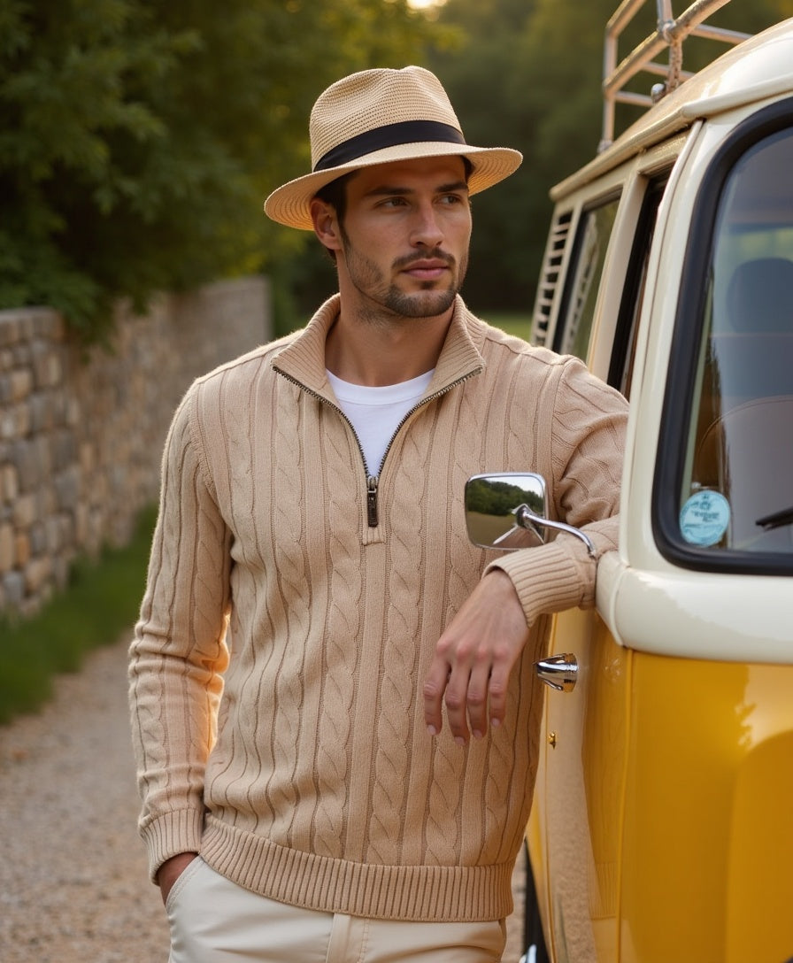 Old Aura | Men’s Ribbed Cotton Half Zip Sweater with High Neck