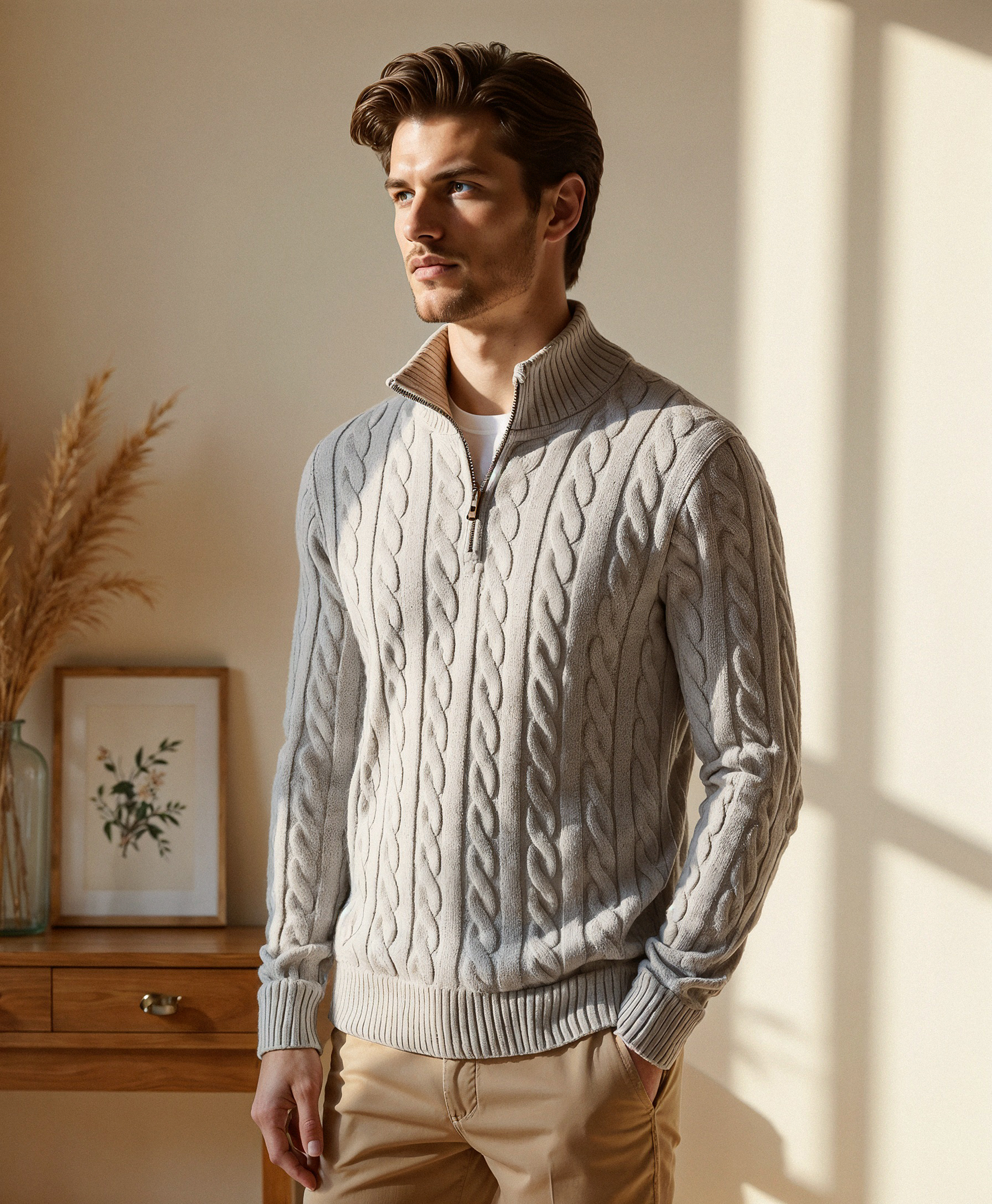 Old Aura | Men’s Ribbed Cotton Half Zip Sweater with High Neck