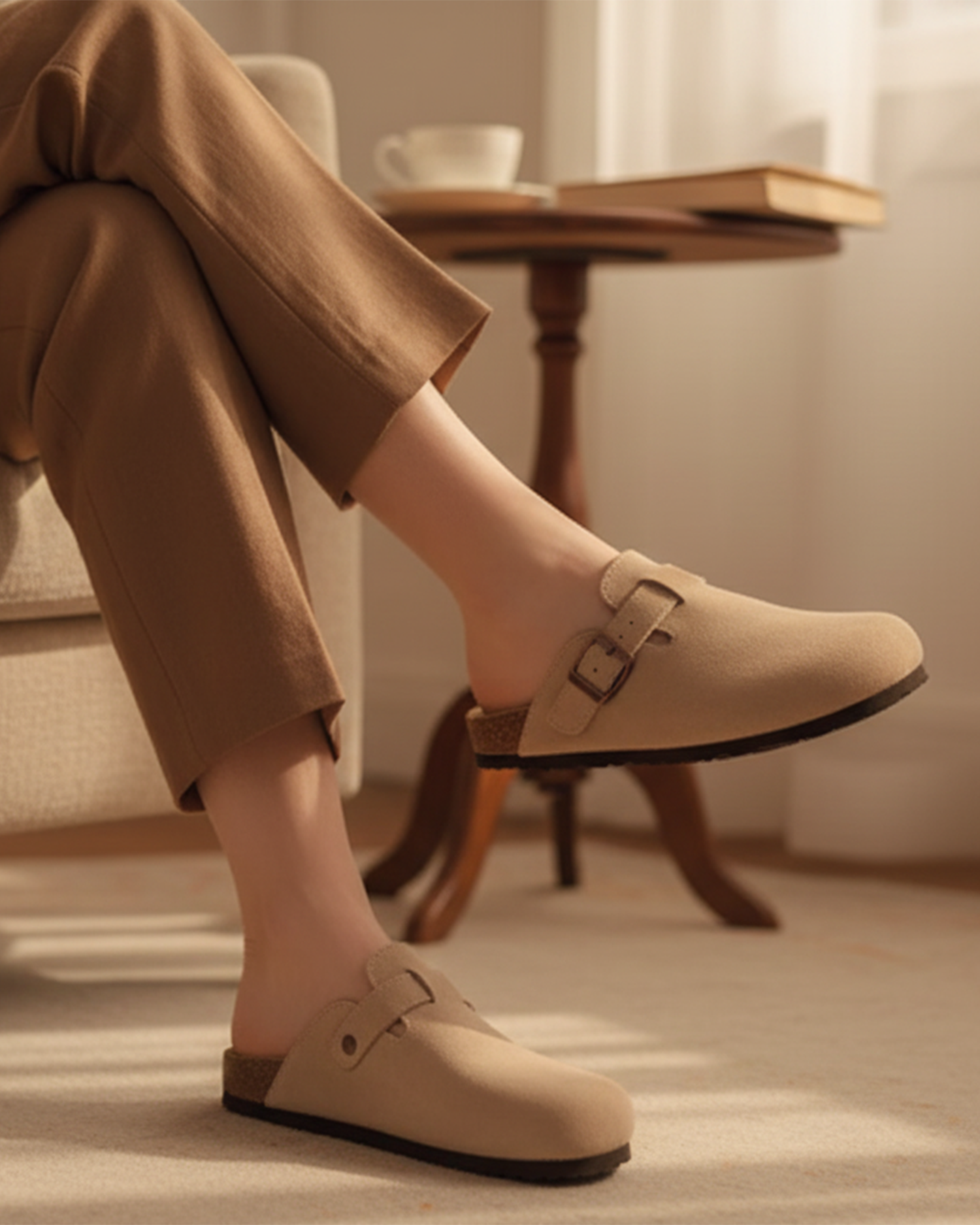 Old Aura | Women’s Suede Cork Slippers with Adjustable Straps