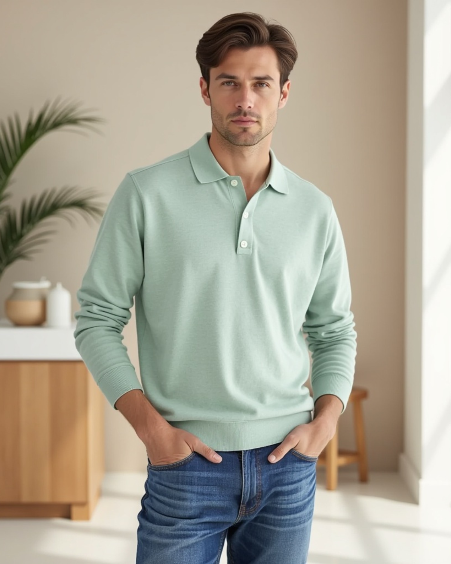 Old Aura | Men’s Long-Sleeve Polo Shirt with Button-Front Collar
