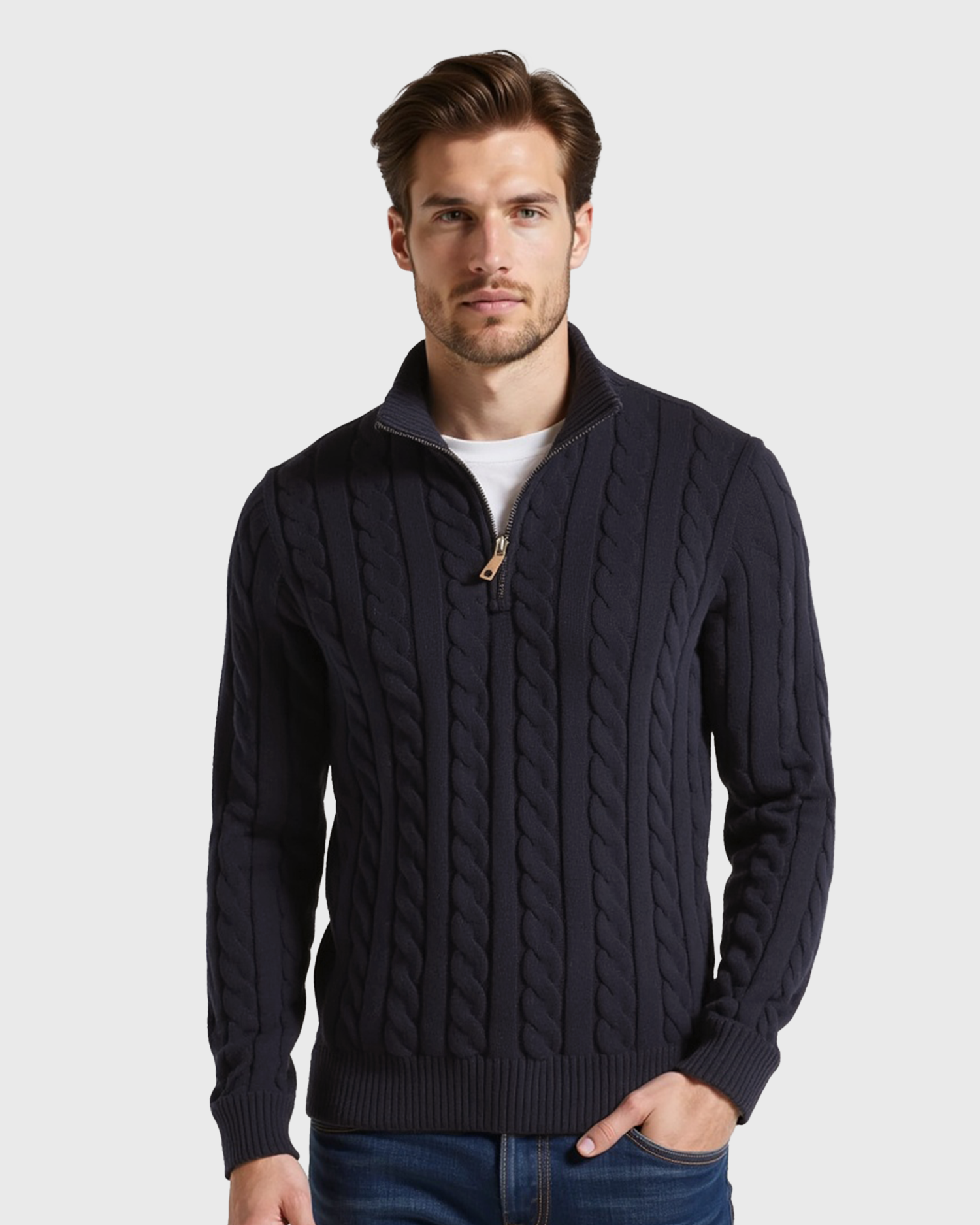 Old Aura | Men’s Ribbed Cotton Half Zip Sweater with High Neck