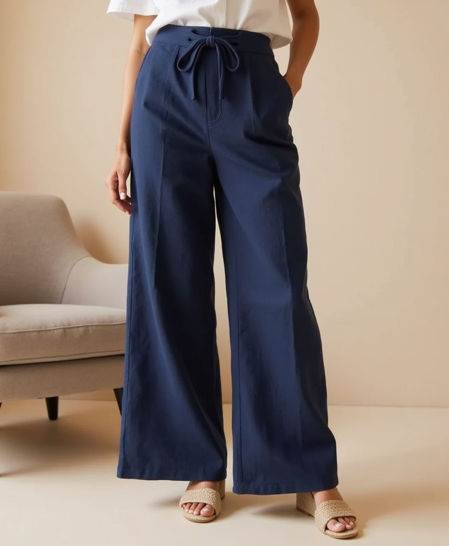 Old Aura | Women’s Linen Blend Loose Trousers with Elastic Waistband