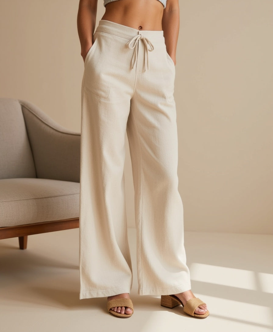 Old Aura | Women’s Linen Blend Loose Trousers with Elastic Waistband