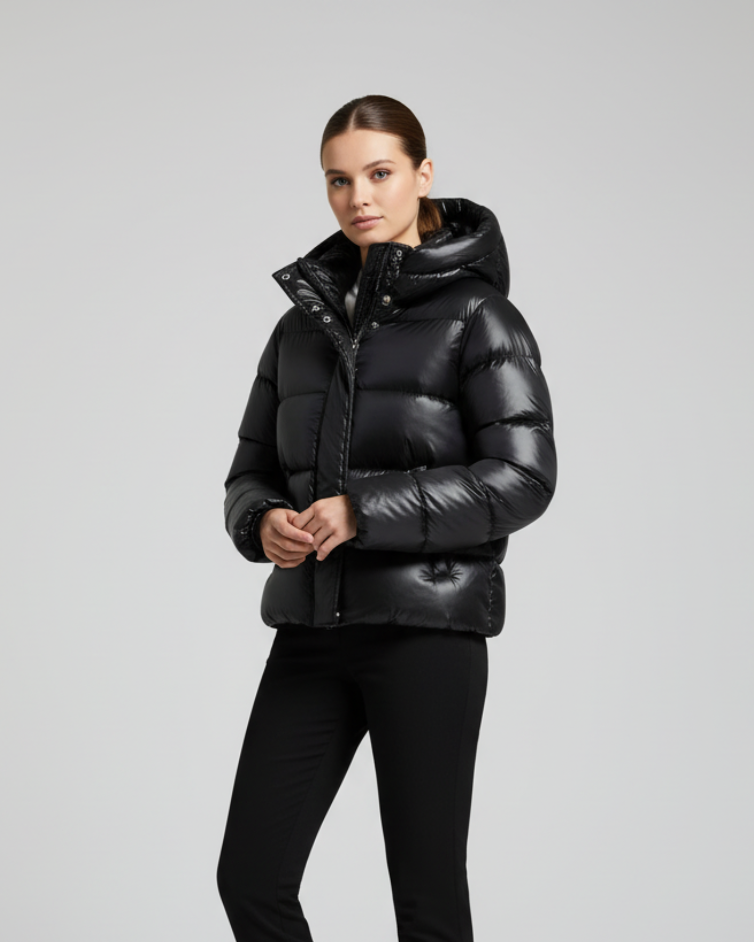 Old Aura | Women’s Shiny Finish Hooded Puffer Jacket with Cropped Silhouette