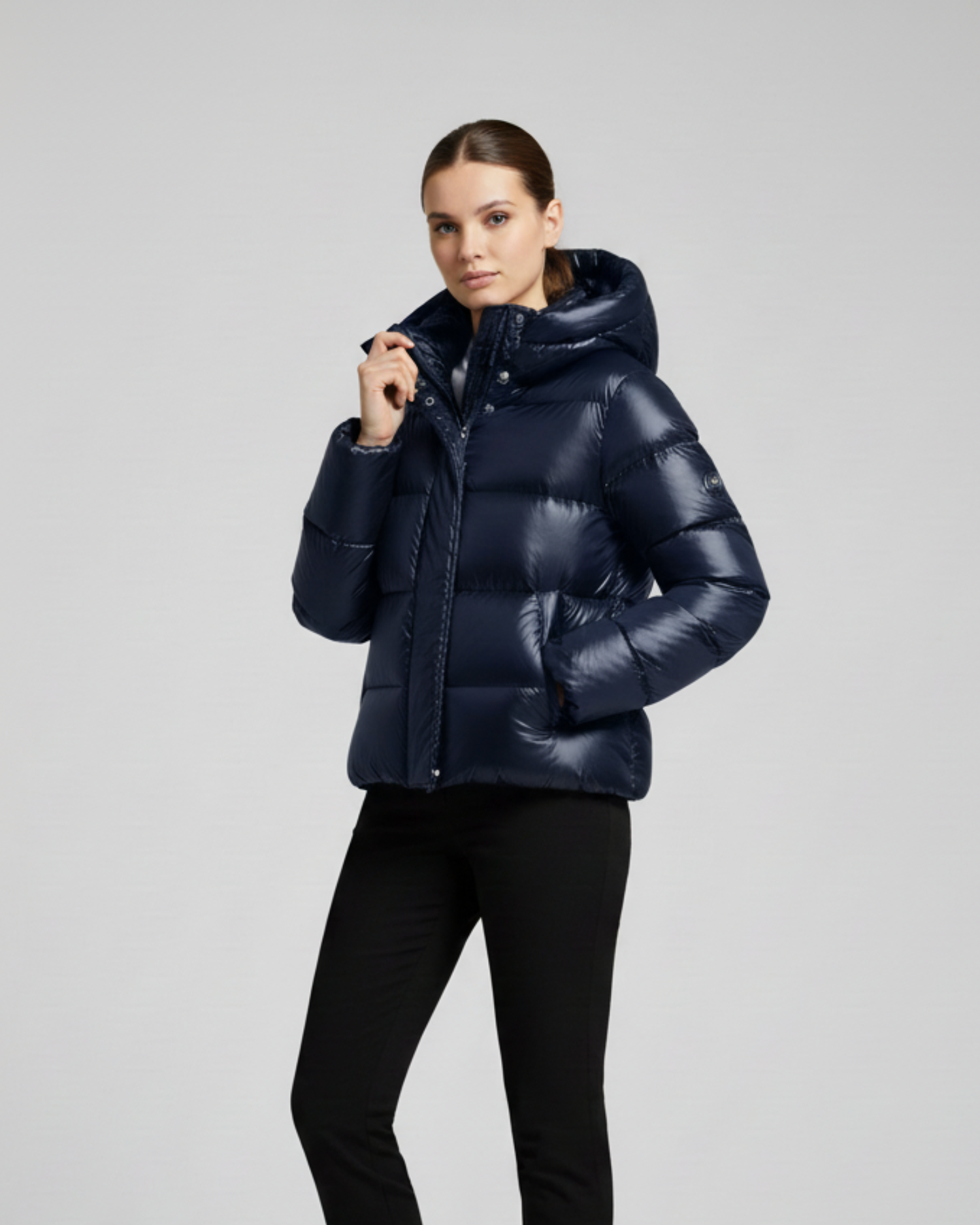 Old Aura | Women’s Shiny Finish Hooded Puffer Jacket with Cropped Silhouette