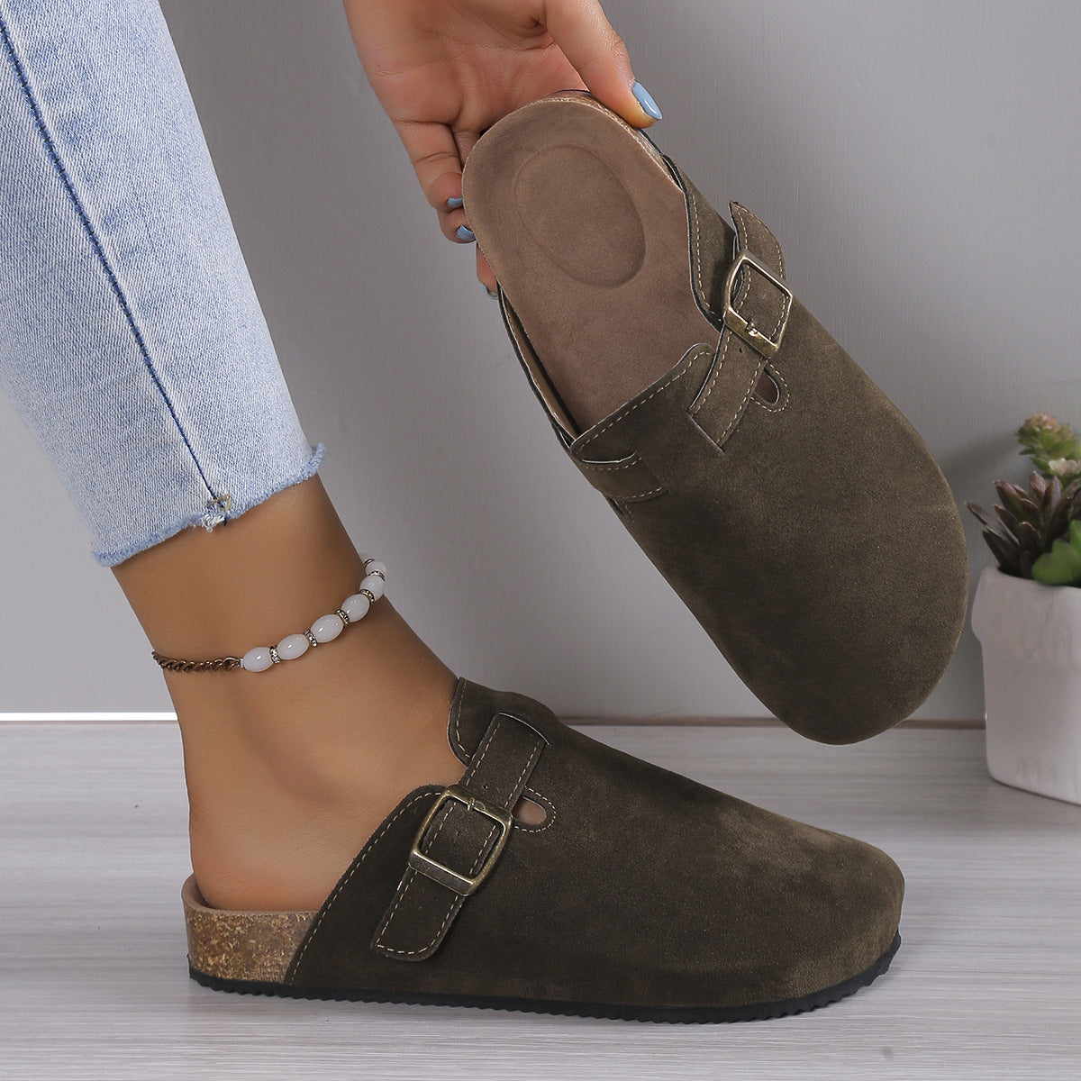 Old Aura | Women’s Suede Cork Slippers with Adjustable Straps