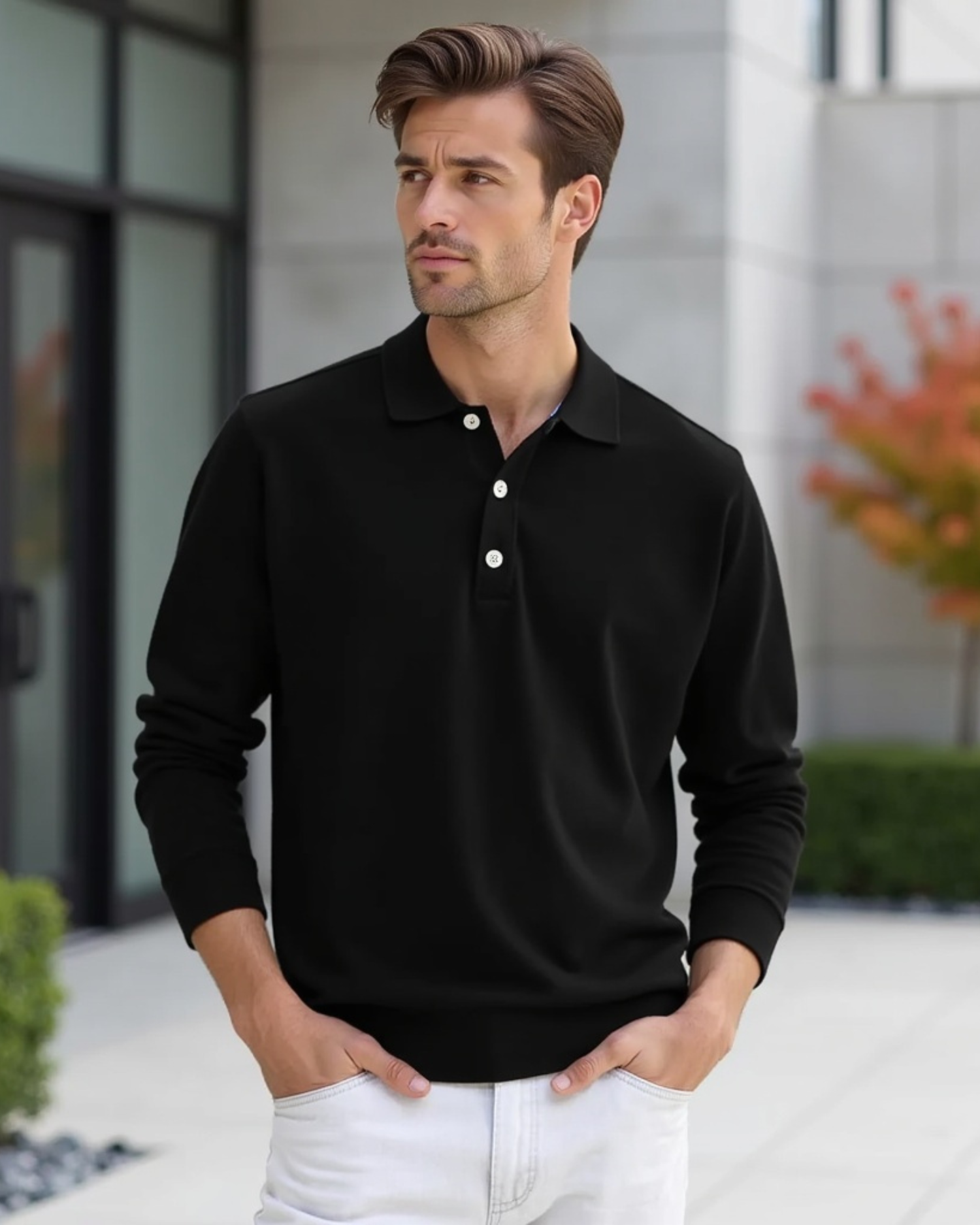 Old Aura | Men’s Long-Sleeve Polo Shirt with Button-Front Collar