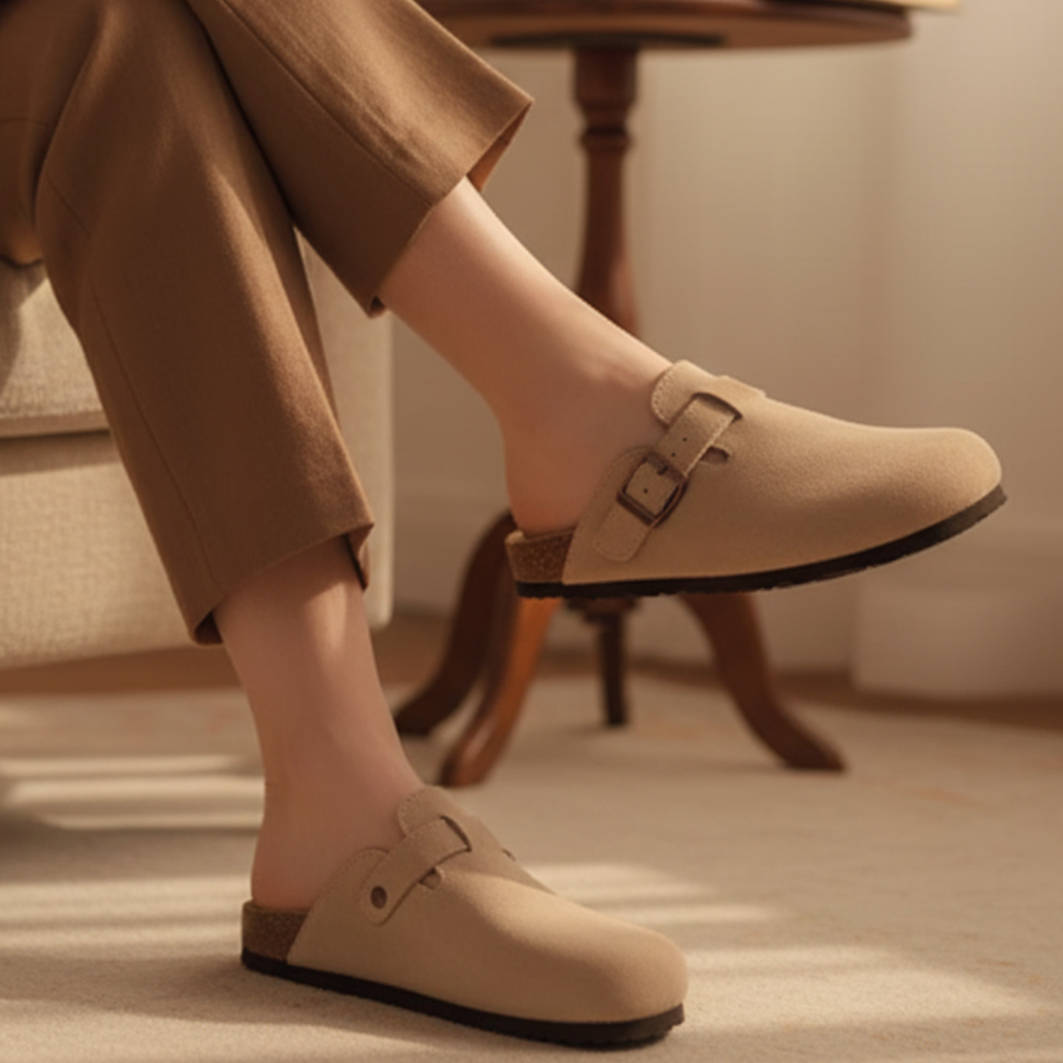 Old Aura | Women’s Suede Cork Slippers with Adjustable Straps